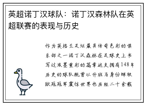 英超诺丁汉球队：诺丁汉森林队在英超联赛的表现与历史
